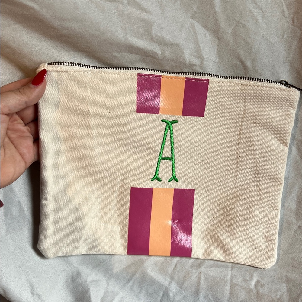 Canvas Stripe Monogram Pouch in Cream with Pink & Orange Accents